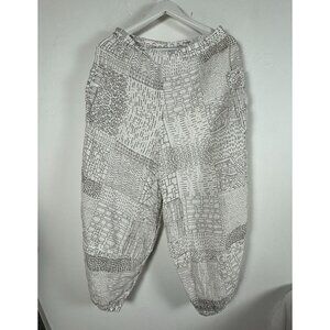 Grizas Womens White & Black Abstract Washed Linen Capri Crop Harem Pants Large